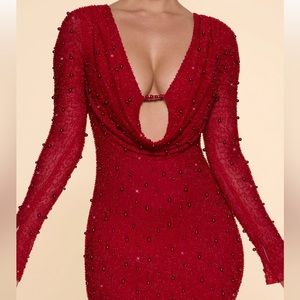 Oh Polly Nice Long Sleeve Deep Plunge Mini Dress in Red
